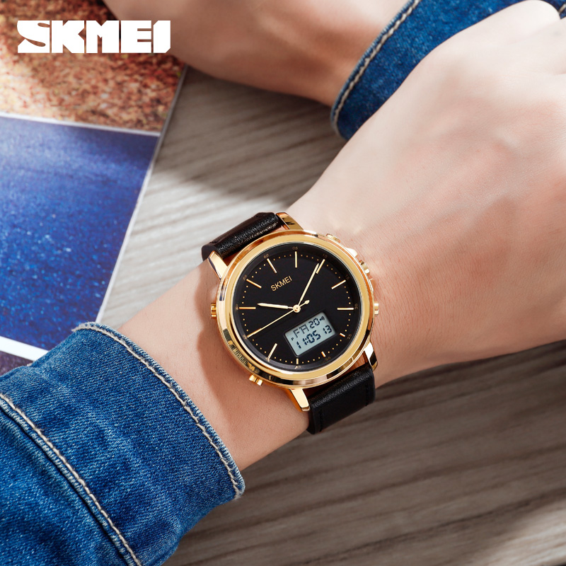 SKMEI Dual Display Casual Men Sports Watches Digital Watches Leather Strap Waterproof Quartz Watches Business Watches