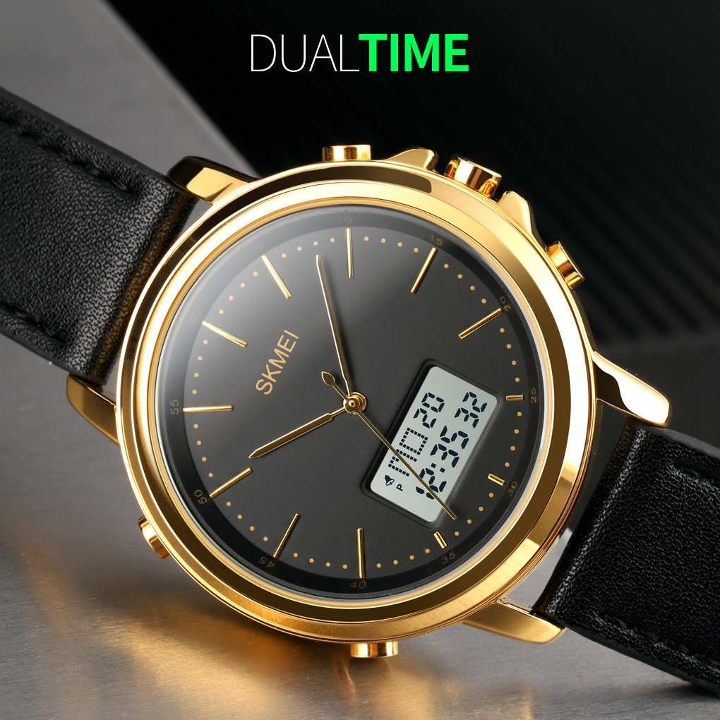 SKMEI Dual Display Casual Men Sports Watches Digital Watches Leather Strap Waterproof Quartz Watches Business Watches