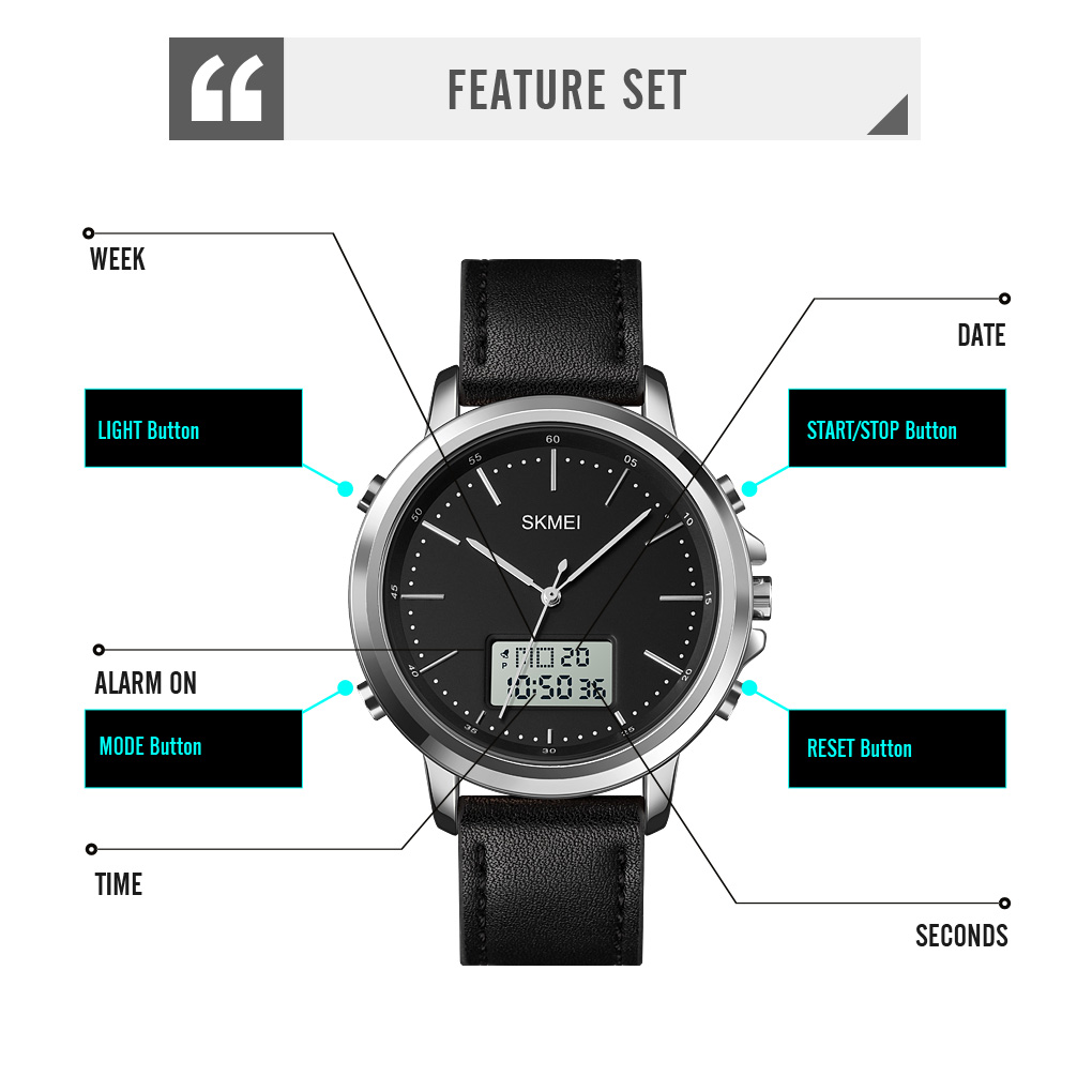 SKMEI Dual Display Casual Men Sports Watches Digital Watches Leather Strap Waterproof Quartz Watches Business Watches