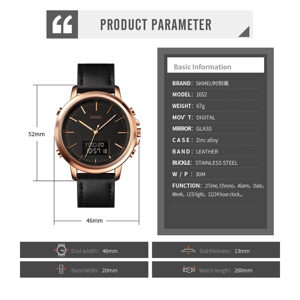 SKMEI Dual Display Casual Men Sports Watches Digital Watches Leather Strap Waterproof Quartz Watches Business Watches
