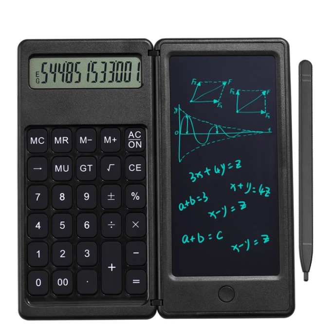 Foldable Calculator & 6 Inch LCD Writing Tablet Digital Drawing Pad 12 Digits Display with Stylus Pen Erase Button Lock Function