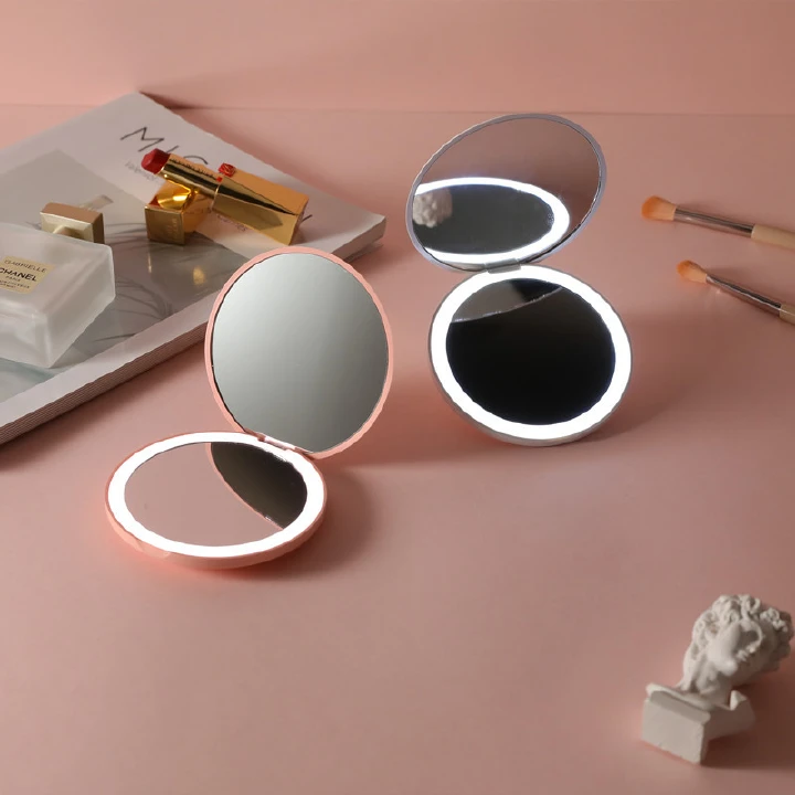 Led Portable Intelligent Beauty Makeup Mirrors High Definition Small LED Light Cosmetic 2 Side Folding Makeup Compact Pocket Mirror Women Luminous Effect