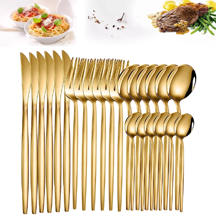 24pcs Gold Dinnerware Set Stainless Steel Steak Knife Fork Coffee Spoon Teaspoon  Flatware Sets Dishwasher Safe Kitchen Tablewar