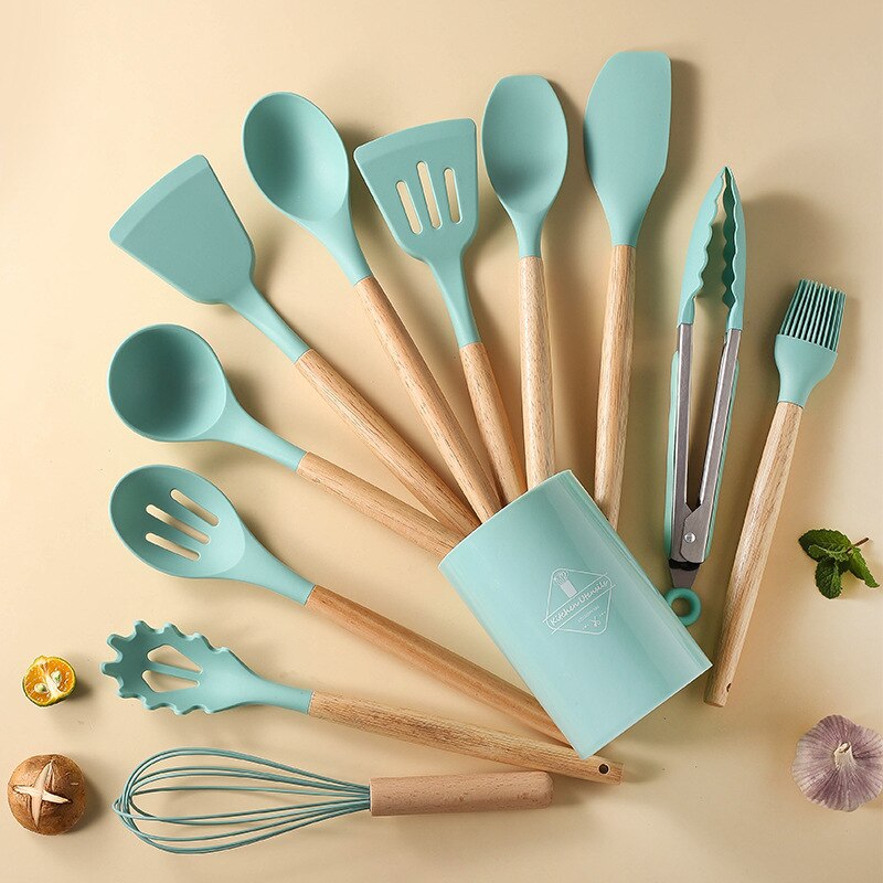 800g 12Pcs Set Wooden Handle Silicone Kitchen Utensils High Quality  Silicone Kitchen Utensils Non-stick Pan Cooking Spatula Baking Storage Tool Green