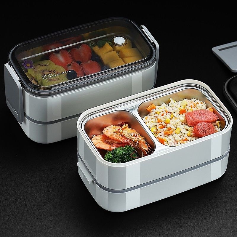 304 Stainless Steel Lunch Box for  School Office 1/2 Layers Microwavable portable Grids bento Food Storage Containers Silver,as picture