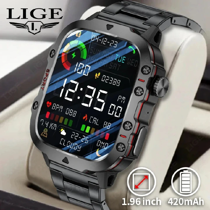 LIGE New Smartwatch Men's Rugged Military Bluetooth Call Sport Heart Rate IP68 Waterproof Outdoor Smart Watches for Android IOS