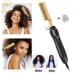 2 In 1 Hair Straightener Straight Comb Curling Irons Gold one size