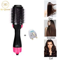 3 In 1 Hair Dryer Bursh Hot Air Brush Hair Hot Comb Hair Straightener&Curling Black one size