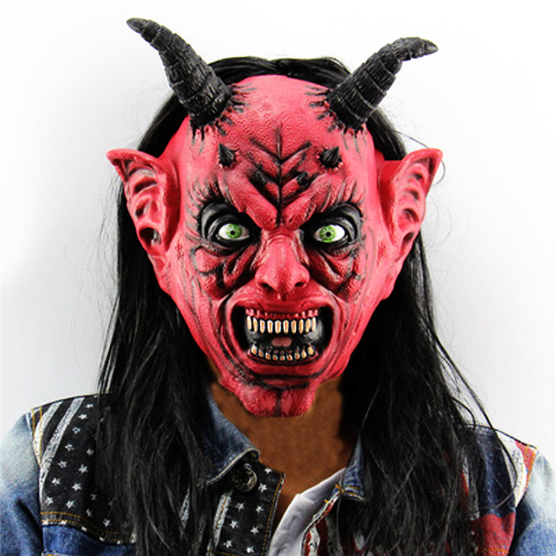 Horror Funny Satan Devil Latex Mask with Wig Ox Horn for Masquerade Halloween Party Bar