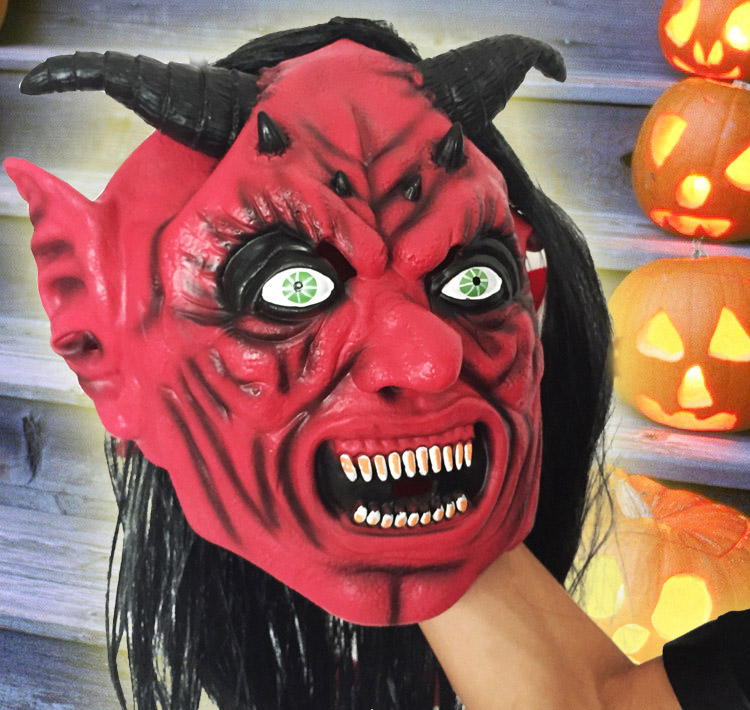 Horror Funny Satan Devil Latex Mask with Wig Ox Horn for Masquerade Halloween Party Bar