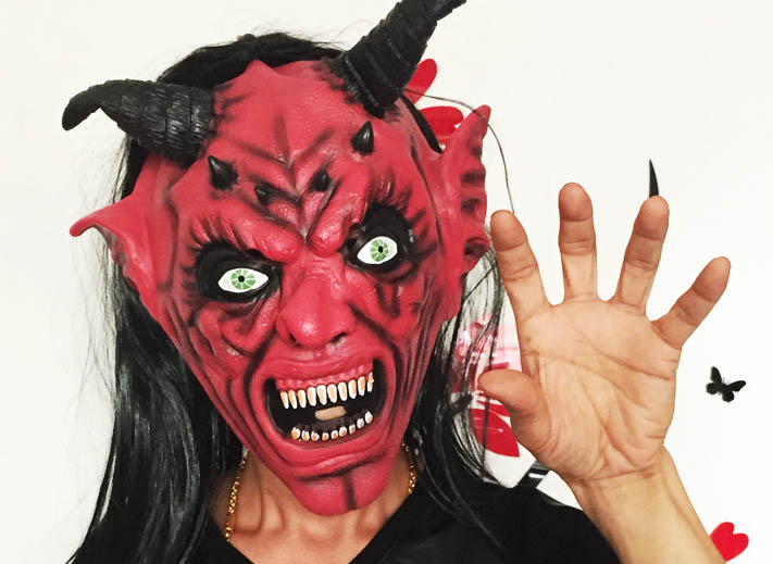 Horror Funny Satan Devil Latex Mask with Wig Ox Horn for Masquerade Halloween Party Bar