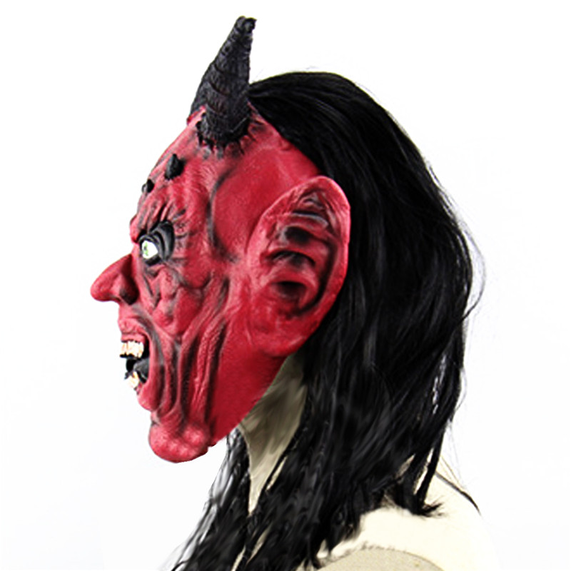 Horror Funny Satan Devil Latex Mask with Wig Ox Horn for Masquerade Halloween Party Bar