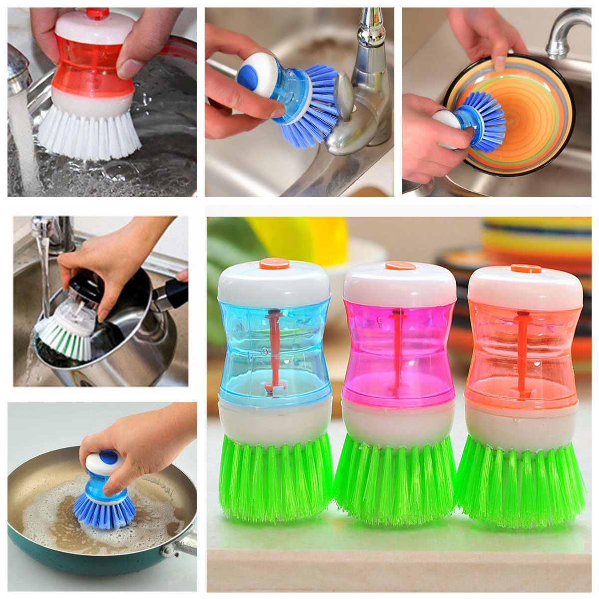 Dish Brush with Washing Up Liquid Soap Dispenser Kitchen Utensil Pot Clean Brush