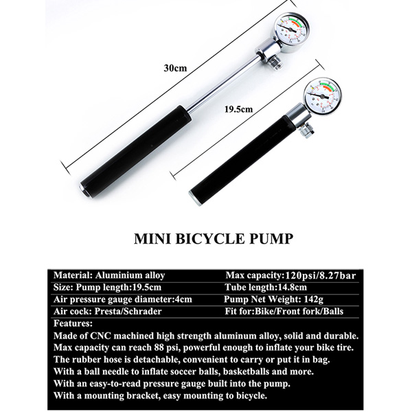 New Mini Sport Outdoor Bicycle Pump Pressure Gauge Hand Cycling Pump Presta MTB Tire Bike Pump