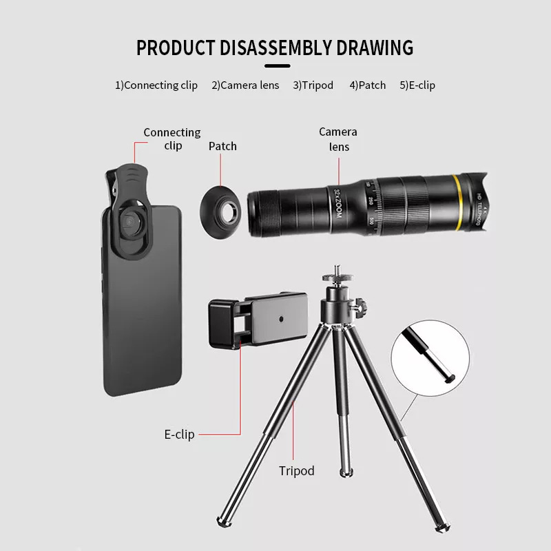 New Outdoor 32x Super Telephoto for Smartphone Mobile Phone Camera Lens 4K Zoom Monocular with Tripod Long Range Telescope