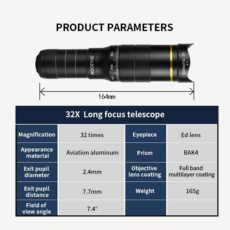 New Outdoor 32x Super Telephoto for Smartphone Mobile Phone Camera Lens 4K Zoom Monocular with Tripod Long Range Telescope
