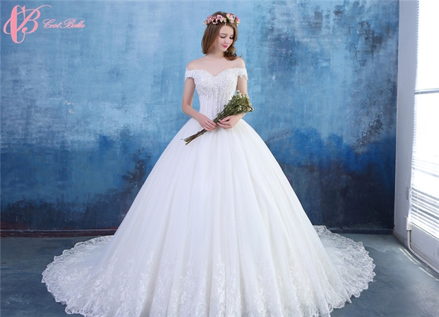 off the shoulder cinderella wedding dress