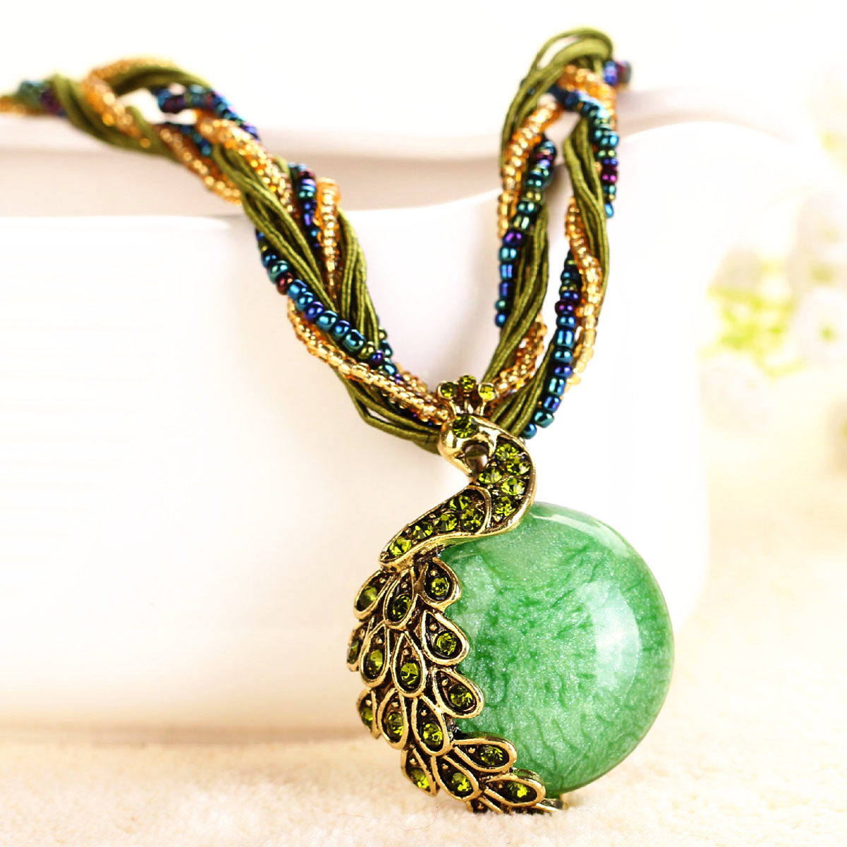 NEW Bohemia Vintage Gem Crystal Bead Chain Handmade Retro Peacock Pendant Necklace
