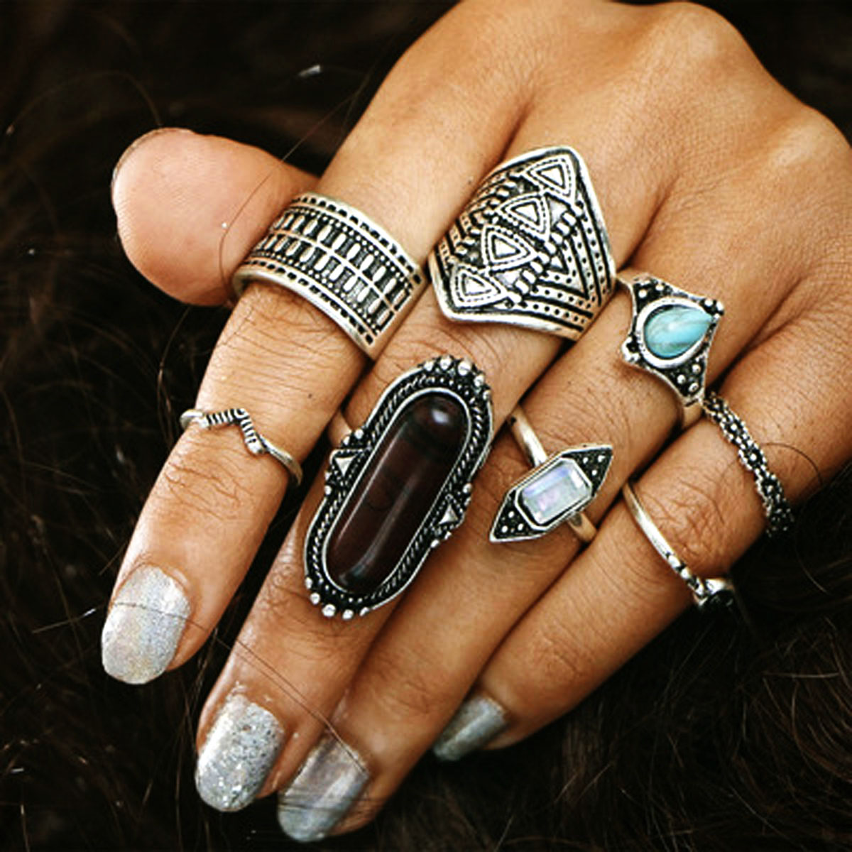 NEW Fashion 8PCS / Set Rings Set Bohemian Elephant Head Arrow Moon Snack Turquoise Rings