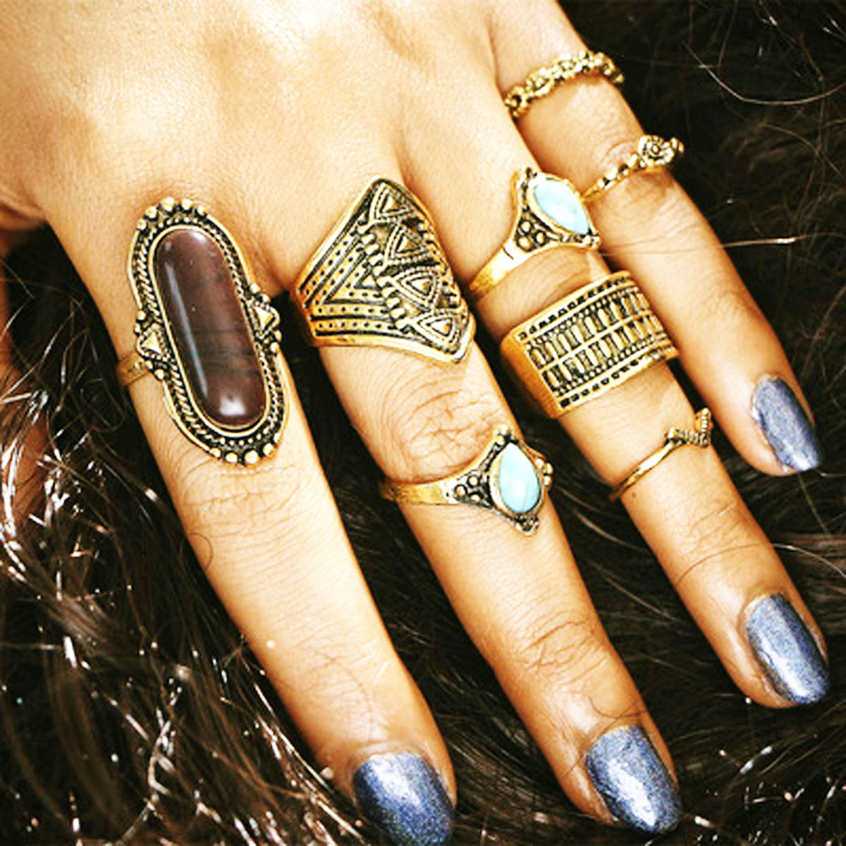 NEW Fashion 8PCS / Set Rings Set Bohemian Elephant Head Arrow Moon Snack Turquoise Rings