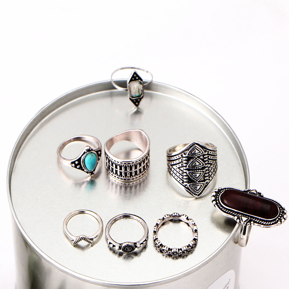 NEW Fashion 8PCS / Set Rings Set Bohemian Elephant Head Arrow Moon Snack Turquoise Rings