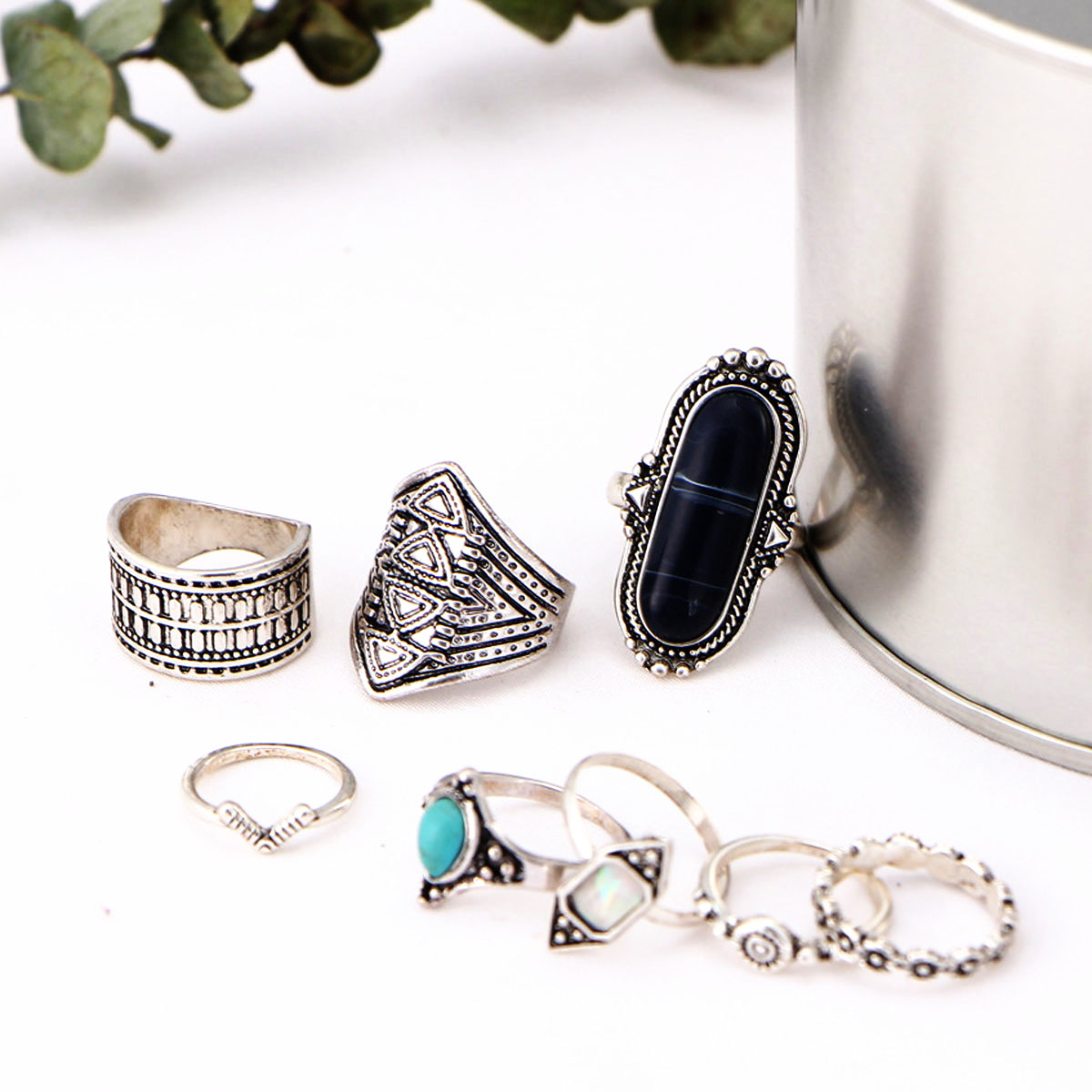 NEW Fashion 8PCS / Set Rings Set Bohemian Elephant Head Arrow Moon Snack Turquoise Rings