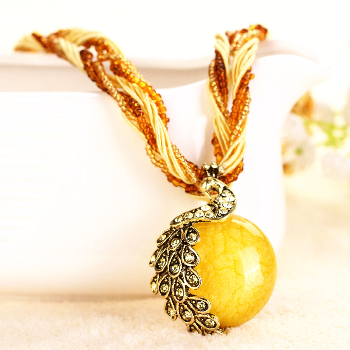 NEW Bohemia Vintage Gem Crystal Bead Chain Handmade Retro Peacock Pendant Necklace