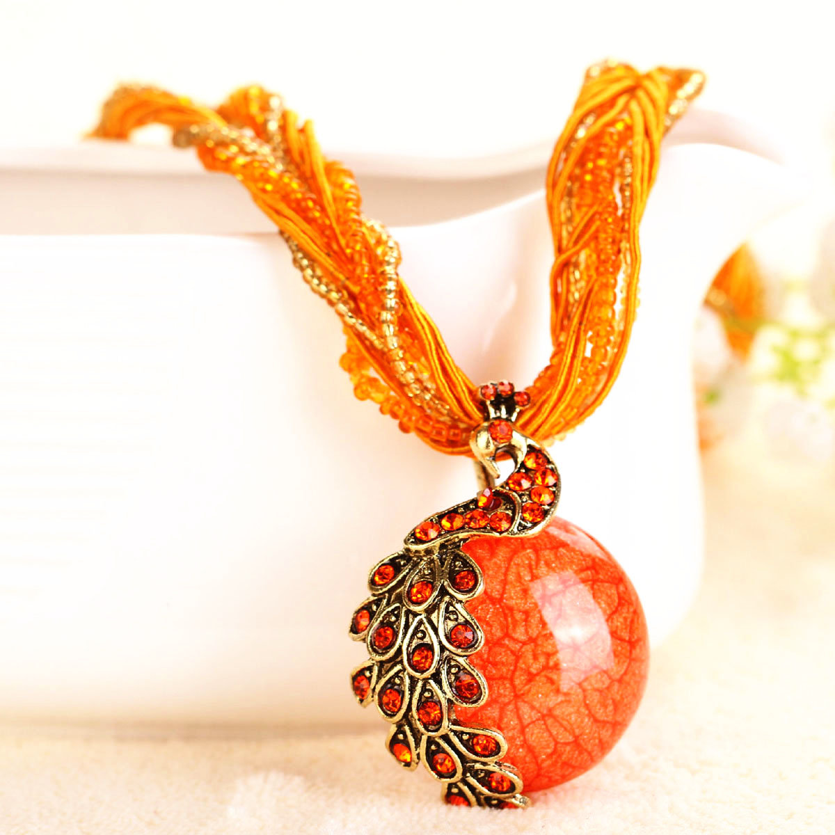 NEW Bohemia Vintage Gem Crystal Bead Chain Handmade Retro Peacock Pendant Necklace