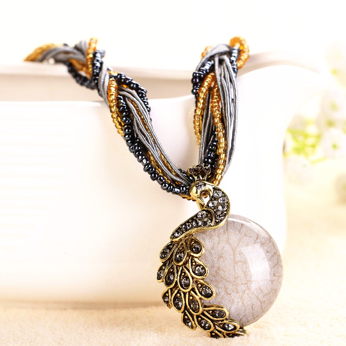 NEW Bohemia Vintage Gem Crystal Bead Chain Handmade Retro Peacock Pendant Necklace