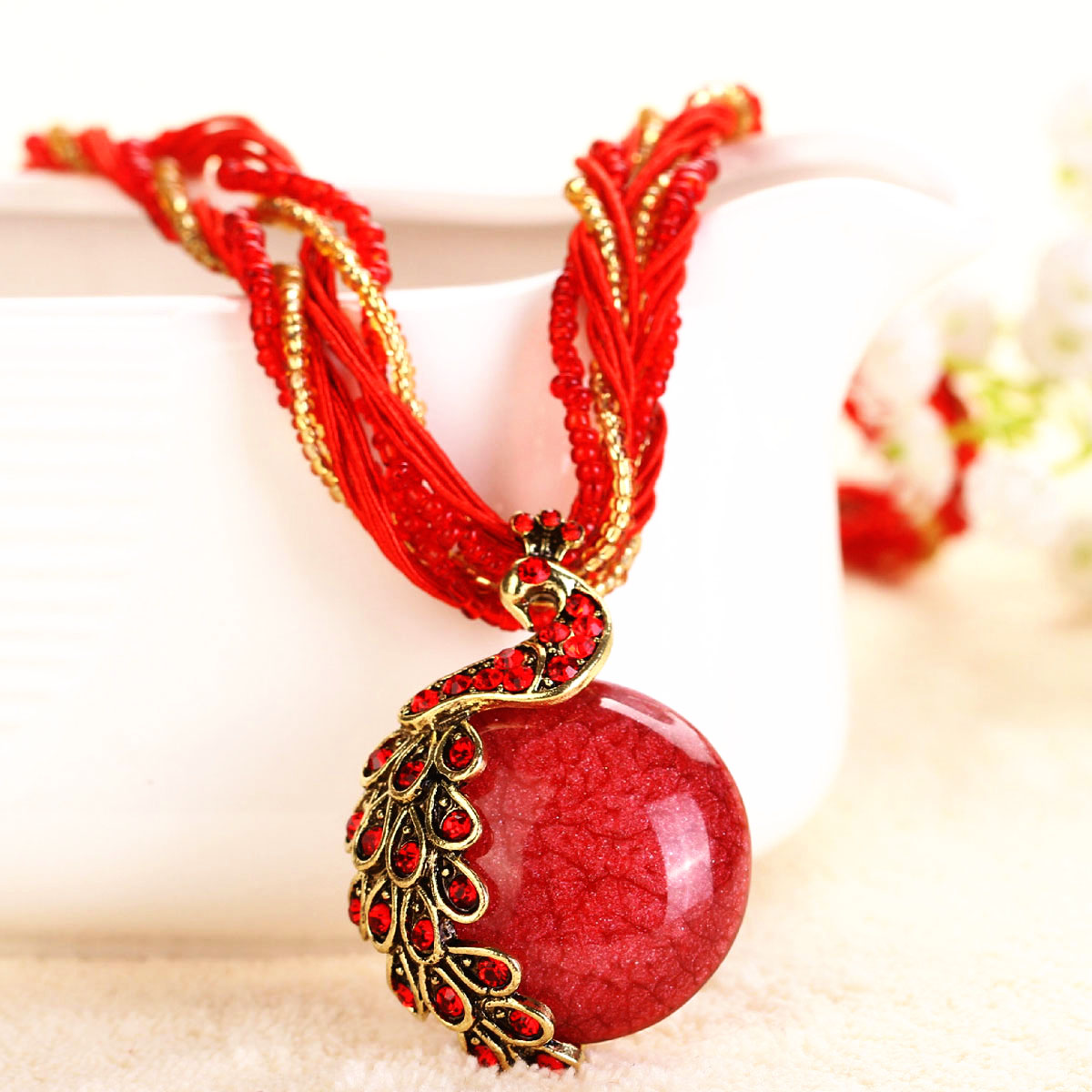 NEW Bohemia Vintage Gem Crystal Bead Chain Handmade Retro Peacock Pendant Necklace