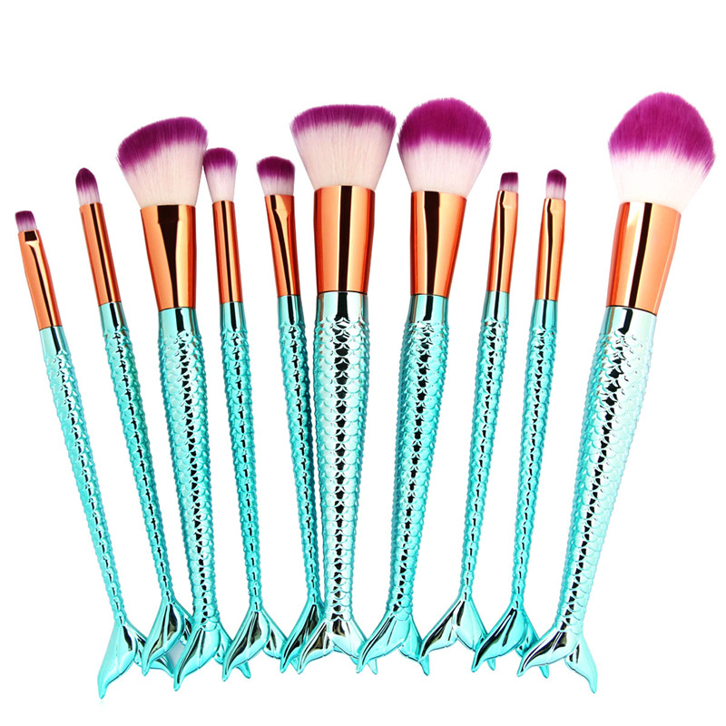 10PCS Mermaid Makeup Brushes Foundation Eyebrow Eyeliner Blush Cosmetic Concealer Brushes