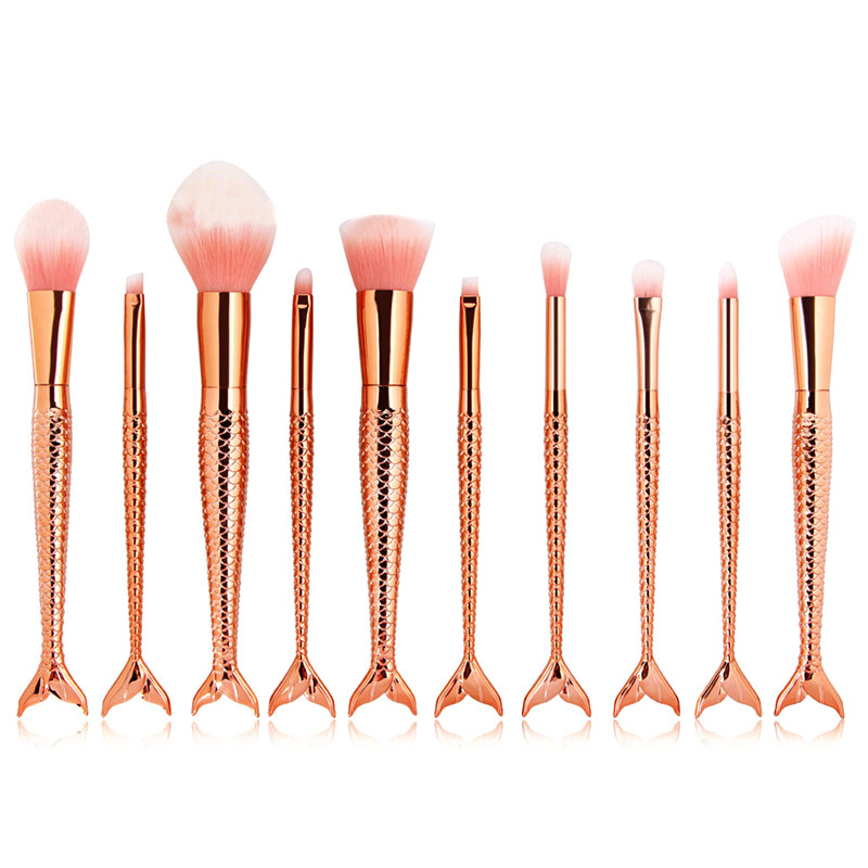 10PCS Mermaid Makeup Brushes Foundation Eyebrow Eyeliner Blush Cosmetic Concealer Brushes