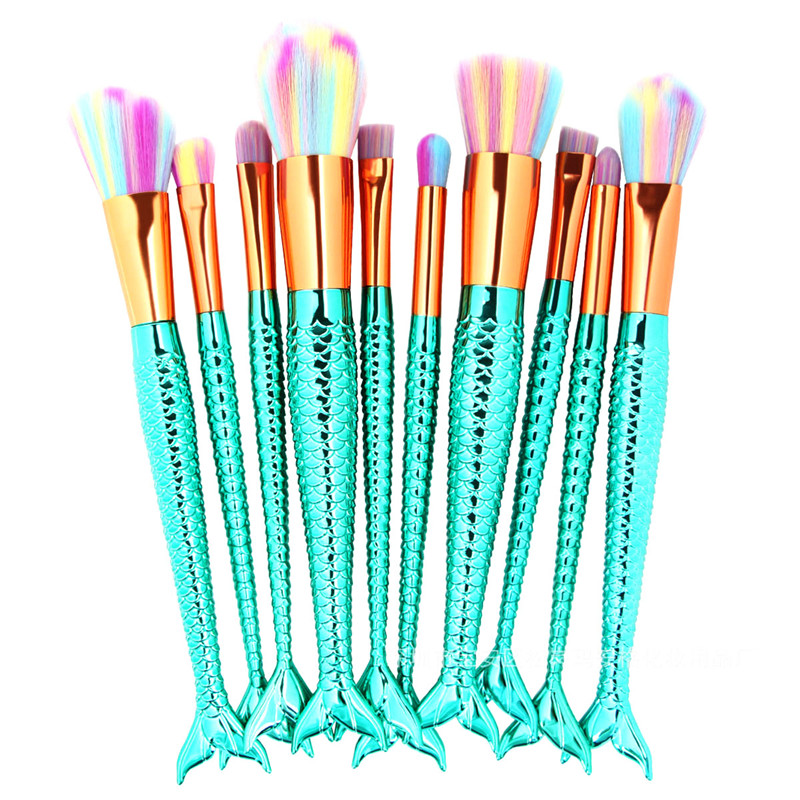 10PCS Mermaid Makeup Brushes Foundation Eyebrow Eyeliner Blush Cosmetic Concealer Brushes