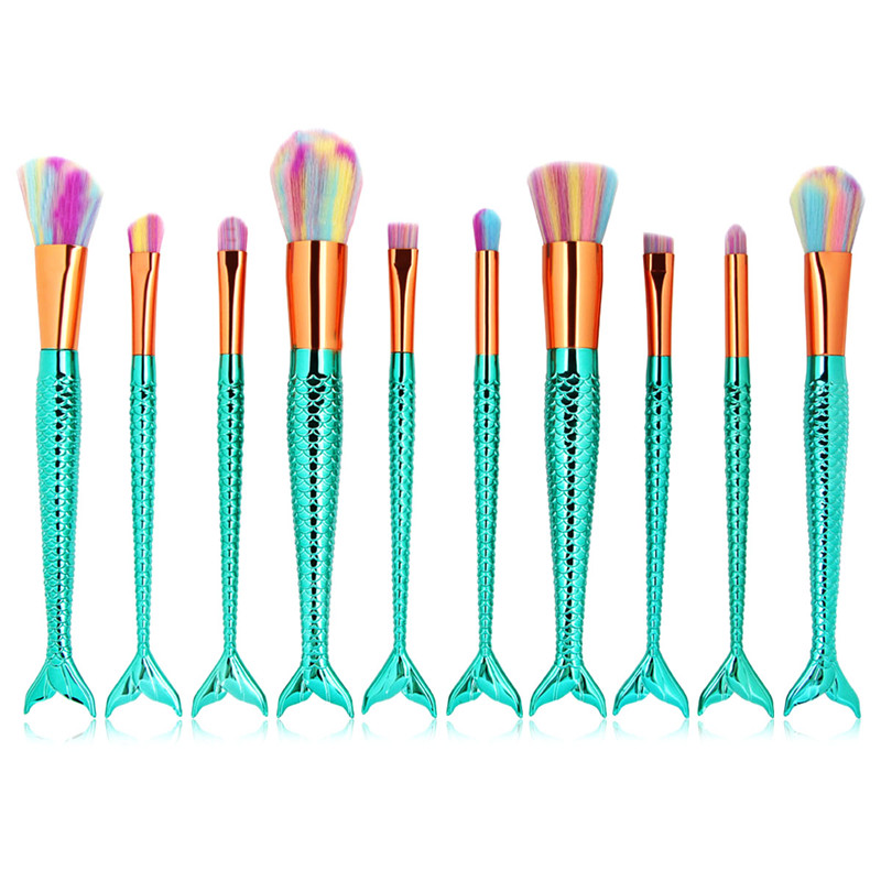 10PCS Mermaid Makeup Brushes Foundation Eyebrow Eyeliner Blush Cosmetic Concealer Brushes