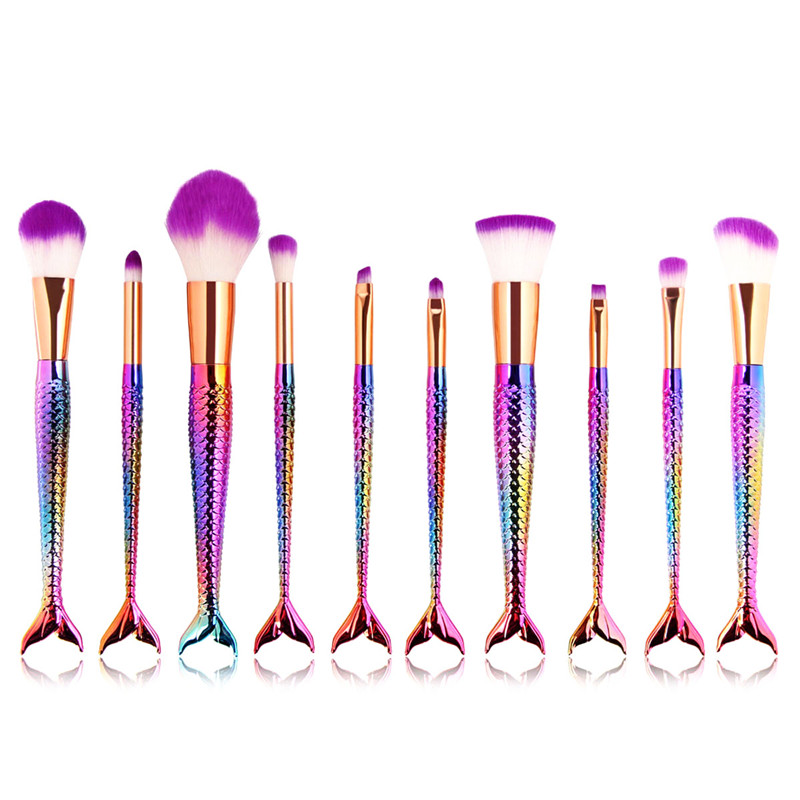 10PCS Mermaid Makeup Brushes Foundation Eyebrow Eyeliner Blush Cosmetic Concealer Brushes