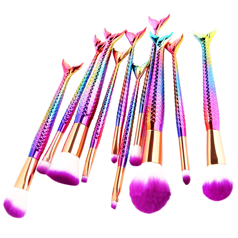 10PCS Mermaid Makeup Brushes Foundation Eyebrow Eyeliner Blush Cosmetic Concealer Brushes