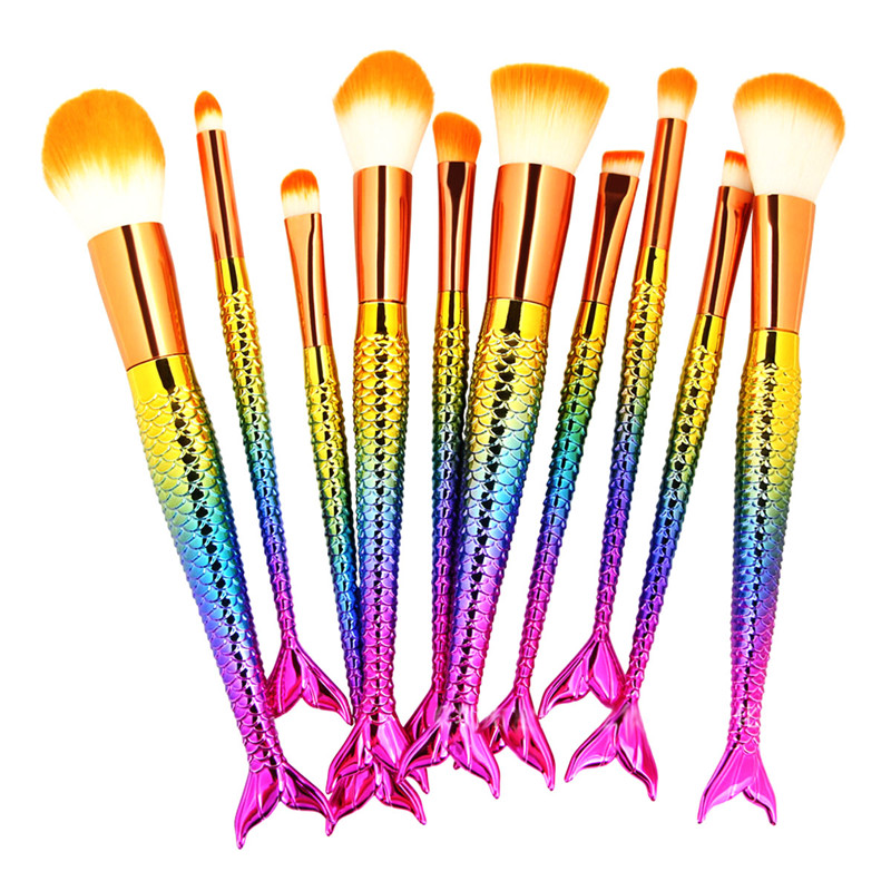 10PCS Mermaid Makeup Brushes Foundation Eyebrow Eyeliner Blush Cosmetic Concealer Brushes