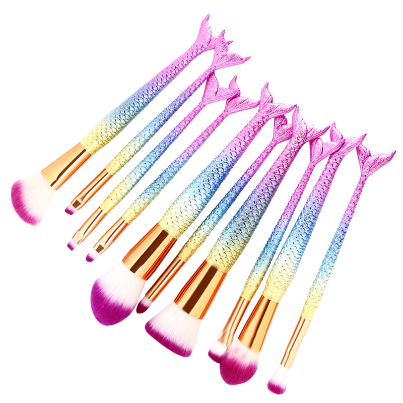 10PCS Mermaid Makeup Brushes Foundation Eyebrow Eyeliner Blush Cosmetic Concealer Brushes