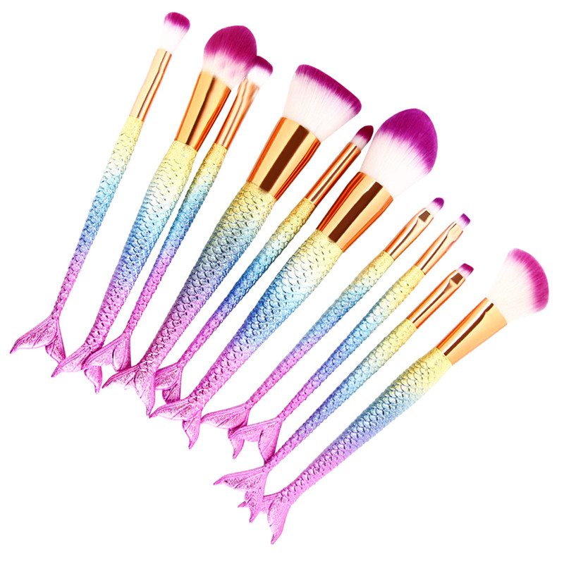 10PCS Mermaid Makeup Brushes Foundation Eyebrow Eyeliner Blush Cosmetic Concealer Brushes