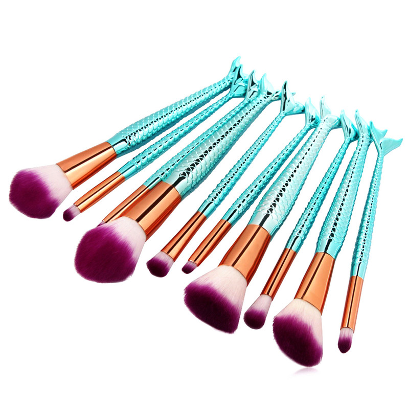 10PCS Mermaid Makeup Brushes Foundation Eyebrow Eyeliner Blush Cosmetic Concealer Brushes
