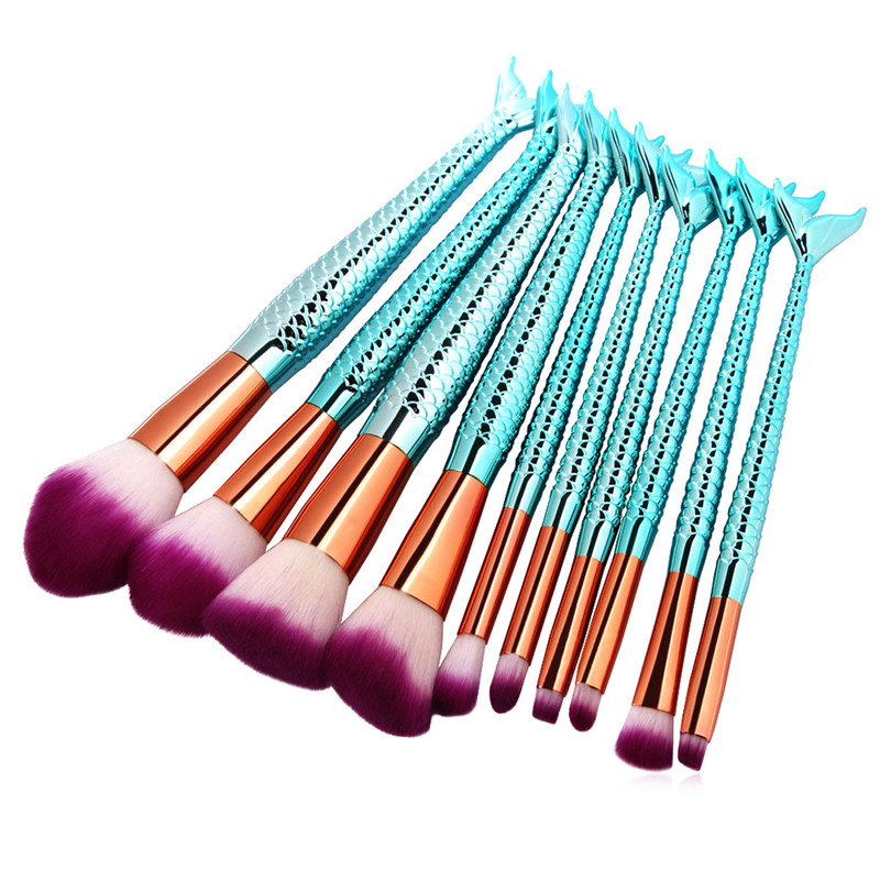 10PCS Mermaid Makeup Brushes Foundation Eyebrow Eyeliner Blush Cosmetic Concealer Brushes