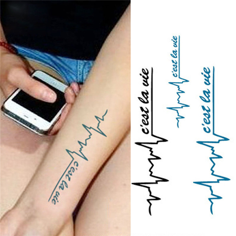 Waterproof Temporary Tattoo Stickers Cool Black Blue ECG Design