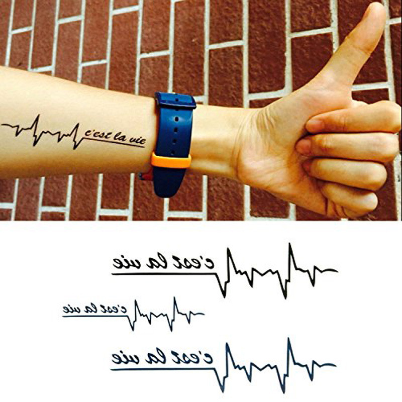 Waterproof Temporary Tattoo Stickers Cool Black Blue ECG Design
