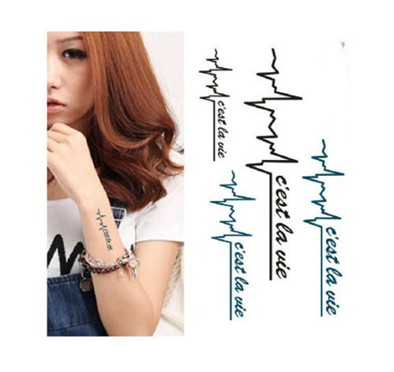Waterproof Temporary Tattoo Stickers Cool Black Blue ECG Design