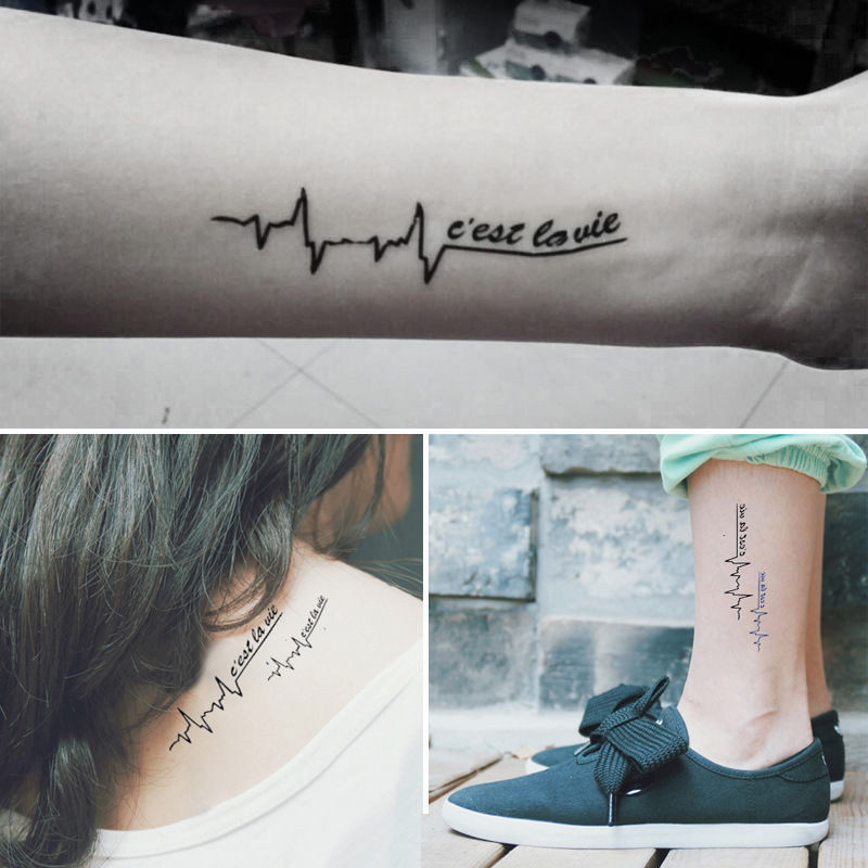 Waterproof Temporary Tattoo Stickers Cool Black Blue ECG Design