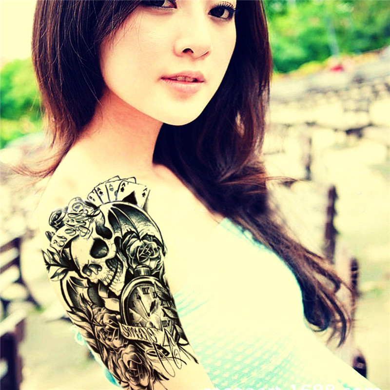 Waterproof Temporary Tattoos Sticker for Couple Skull Poker Clock Rose Body Art