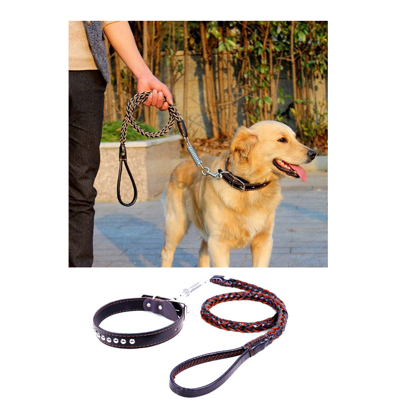 New Leather Large Dog Leashes Pet Traction Rope Collar belt Kit