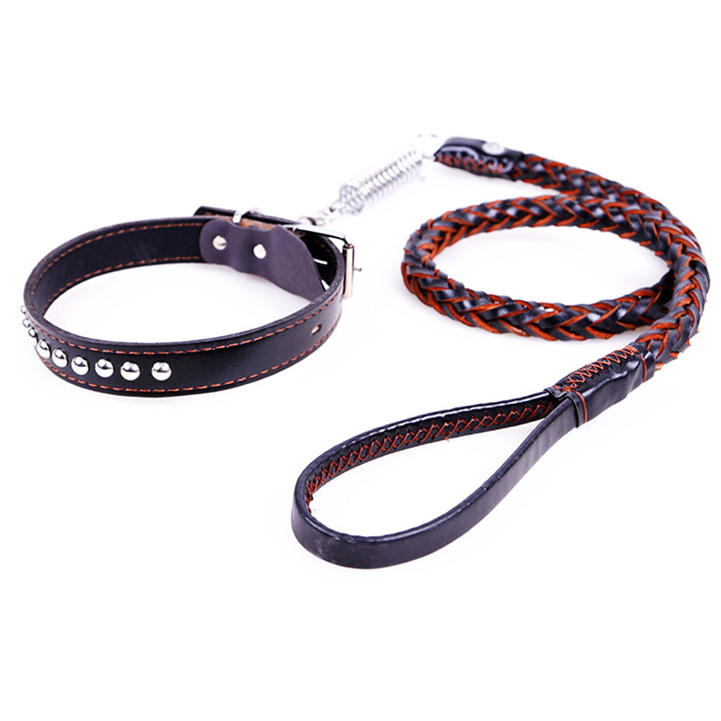 New Leather Large Dog Leashes Pet Traction Rope Collar belt Kit