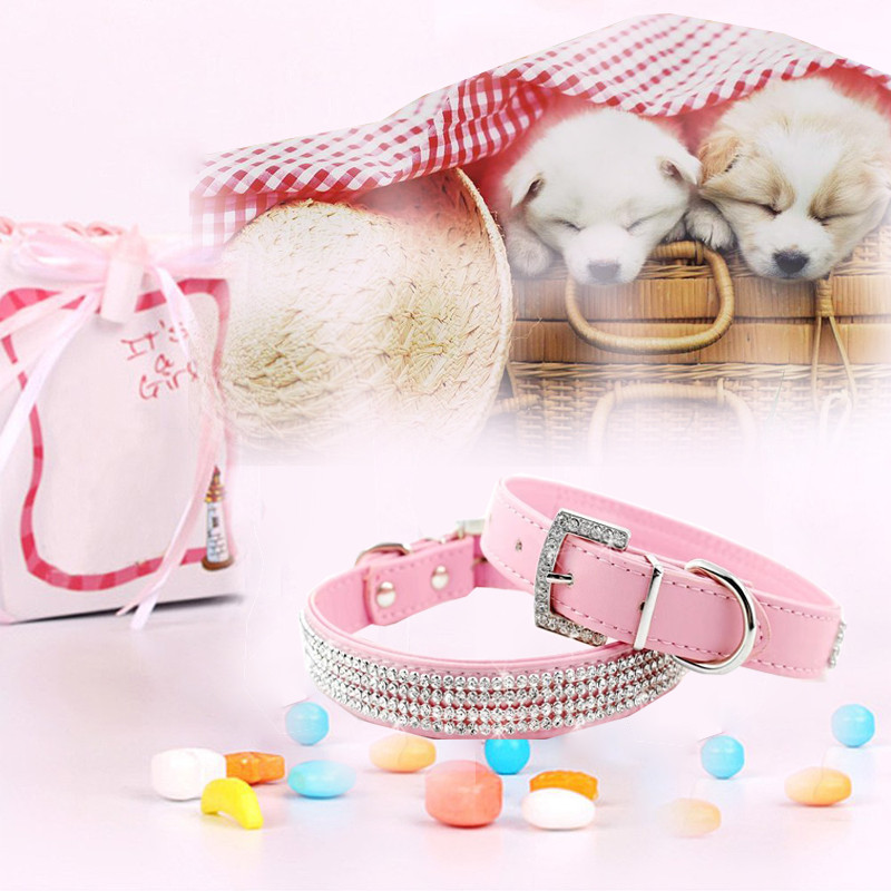 Bling Crystal Rhinestone PU Leather Puppy Dog Pet Collars Cat Collars