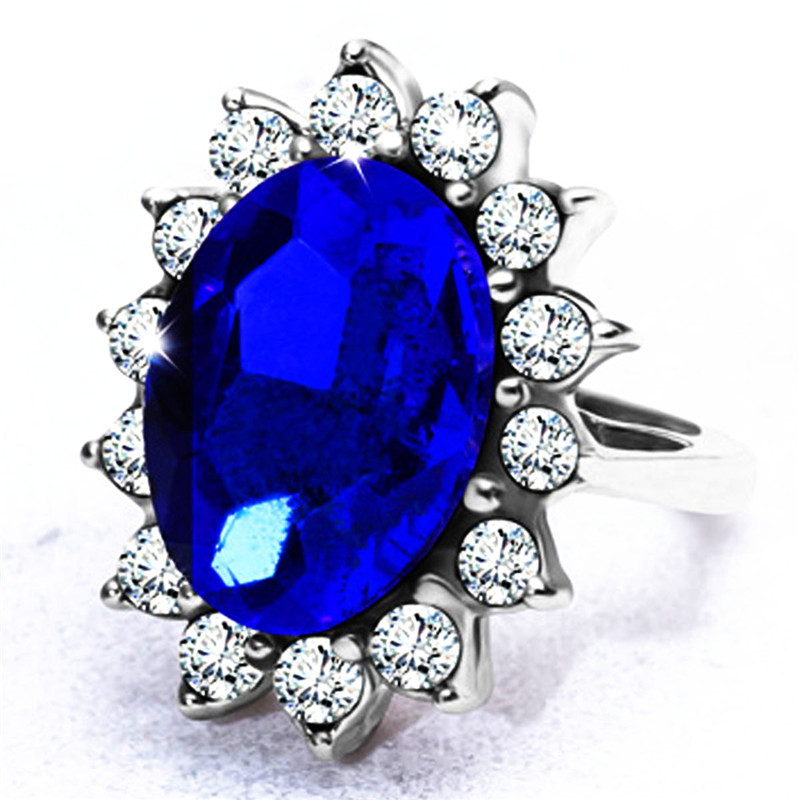 Silver Plated Rhodium Plated Simulated Blue Sapphire and Cubic Zirconia Halo Ring